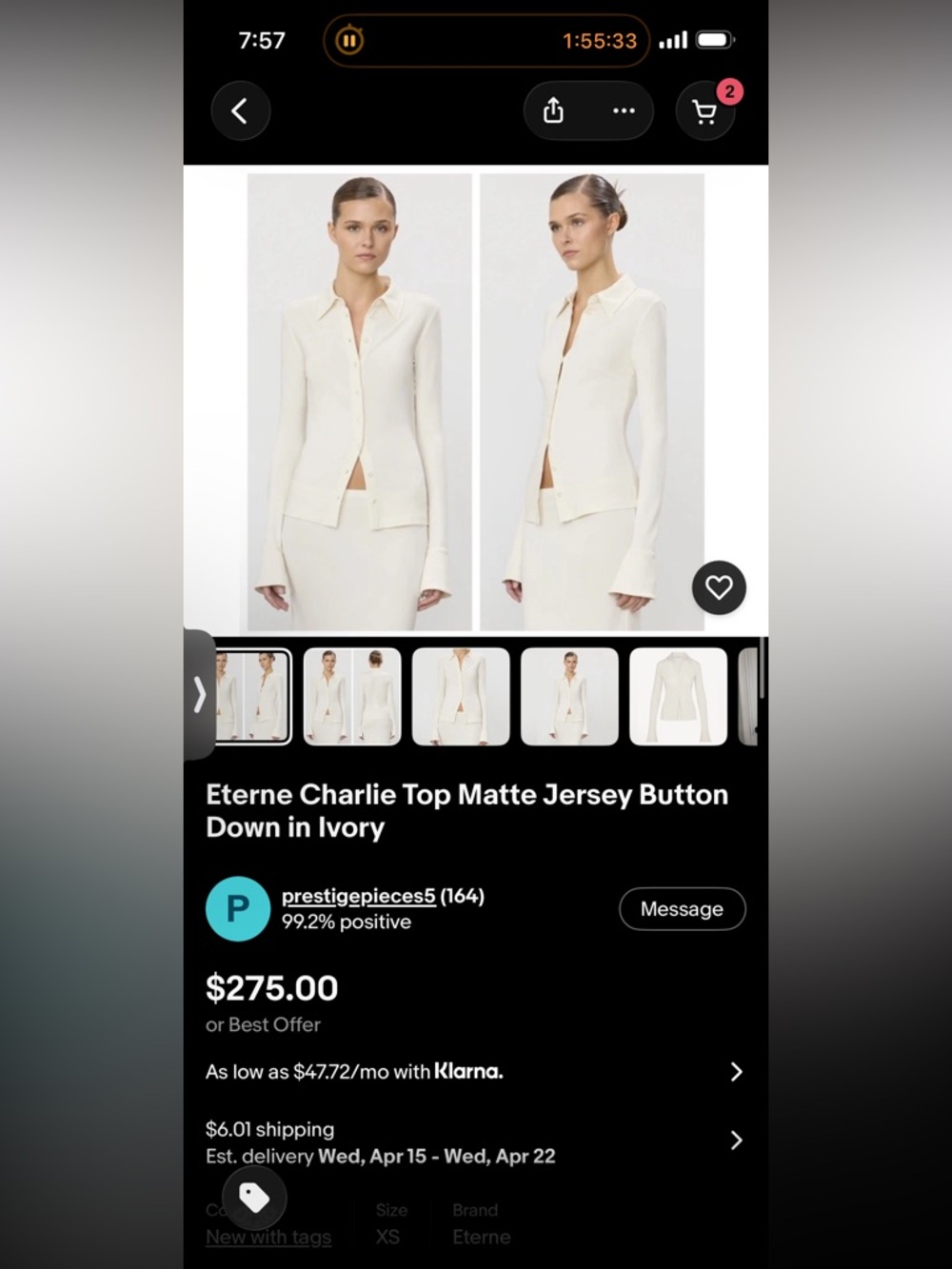 Eterne Charlie Top Matte Jersey Button Down in Ivory - Picture 14 of 14